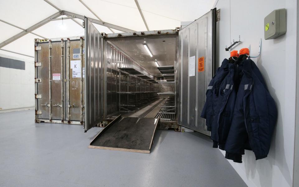 Inside one of the storage units at the overflow mortuary at Breakspear Crematorium in Ruislip, London - Jonathan Brady/PA