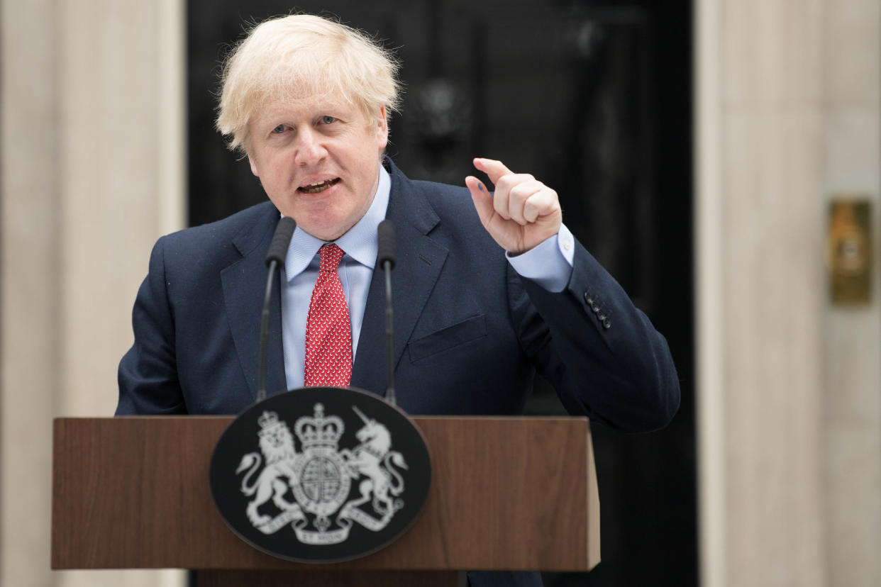 Prime Minister Boris Johnson makes a statement outside 10 Downing Street, London, as he resumes working after spending two weeks recovering from Covid-19. PA Photo. Picture date: Monday April 27, 2020. The Prime Minister is resuming full-time duties at the head of the Government three weeks after he was admitted to hospital with the disease. See PA story HEALTH Coronavirus. Photo credit should read: Stefan Rousseau/PA Wire (Photo by Stefan Rousseau/PA Images via Getty Images)