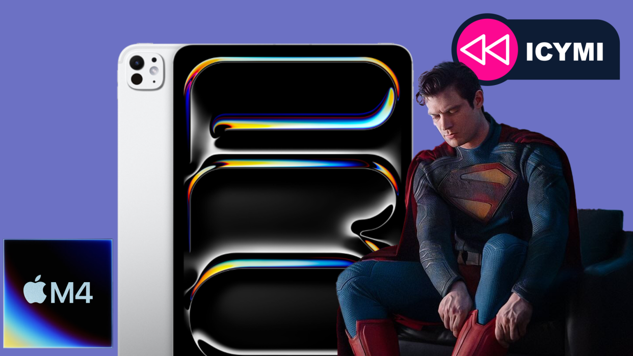  Superman sits in a chair looking at the iPad Pro and M4 chip. 