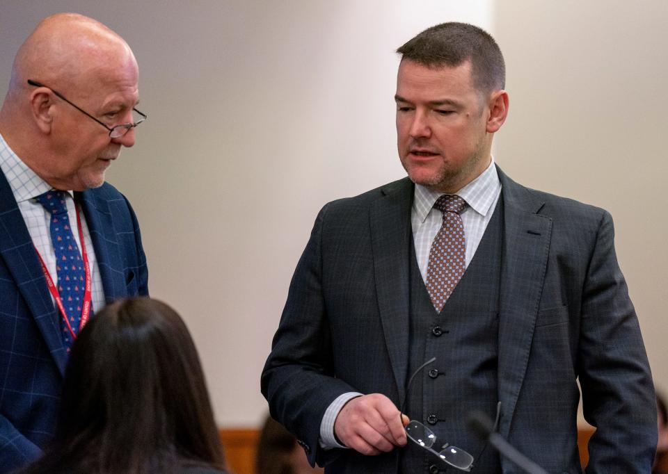 Defense attorney Craig Penglase, (right), and Bucks County Detective David Hanks (left) at the trial of Robert Atkins at the Bucks County Justice Center in Doylestown on Monday, Jan. 29, 2024. Daniella Heminghaus | Bucks County Courier Times
(Credit: Daniella Heminghaus)