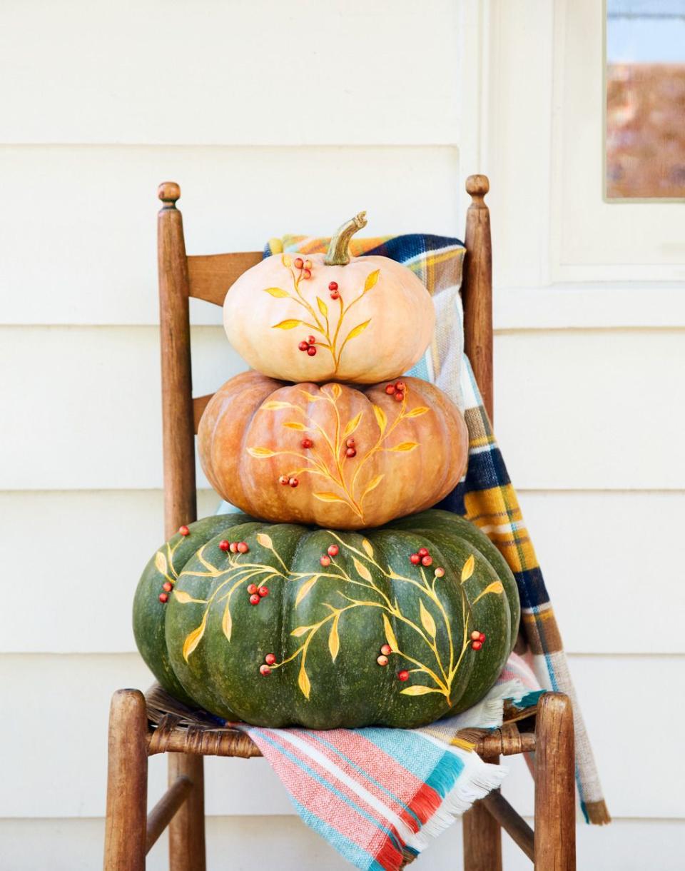 autumn decor, halloween pumpkins, seasonal stack, trio of pumpkins with vine pattern and red berries