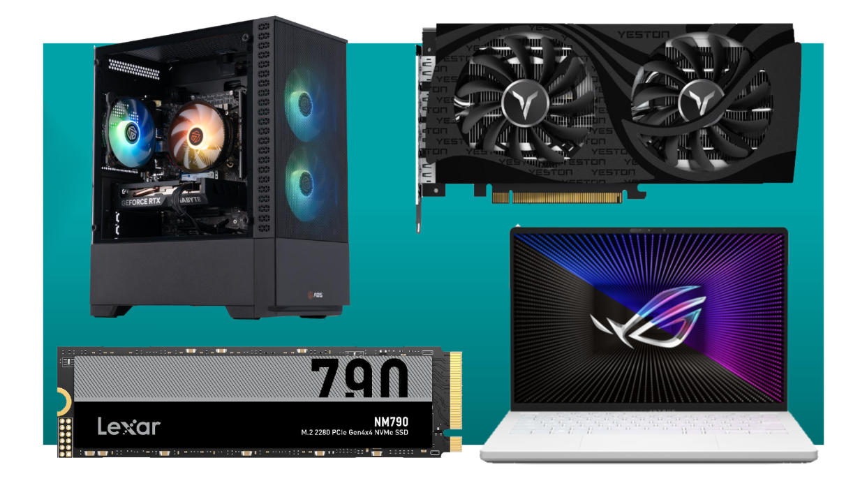  The Spring Sales deals, including a gaming PC, gaming laptop, a Lexar SSD and a Yeston RX 6650 XT GPU  on a green background. 