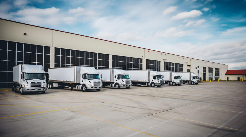 A fleet of rented trucks parked alongside a warehouse, emphasizing the company's logistics services.