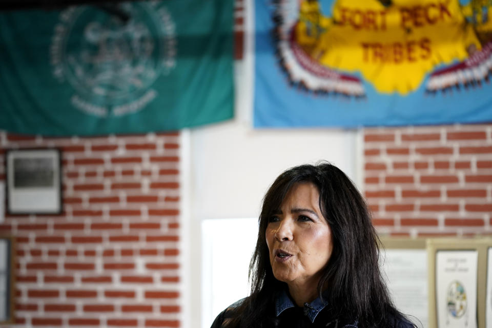 Judi gaiashkibos, the executive director of the Nebraska Commission on Indian Affairs, talks about the search for over 80 Native American children buried at the former Genoa Indian Industrial School, Thursday, Oct. 27, 2022, in Genoa, Neb. For decades the location of the student cemetery has been a mystery, lost over time after the school closed in 1931 and memories faded of the once-busy campus that sprawled over 640 acres in the tiny community of Genoa. (AP Photo/Charlie Neibergall)