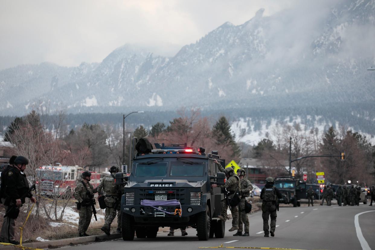 Police outside a King Soopers grocery store where a shooting took place Monday, March 22, 2021, in Boulder, Colo.