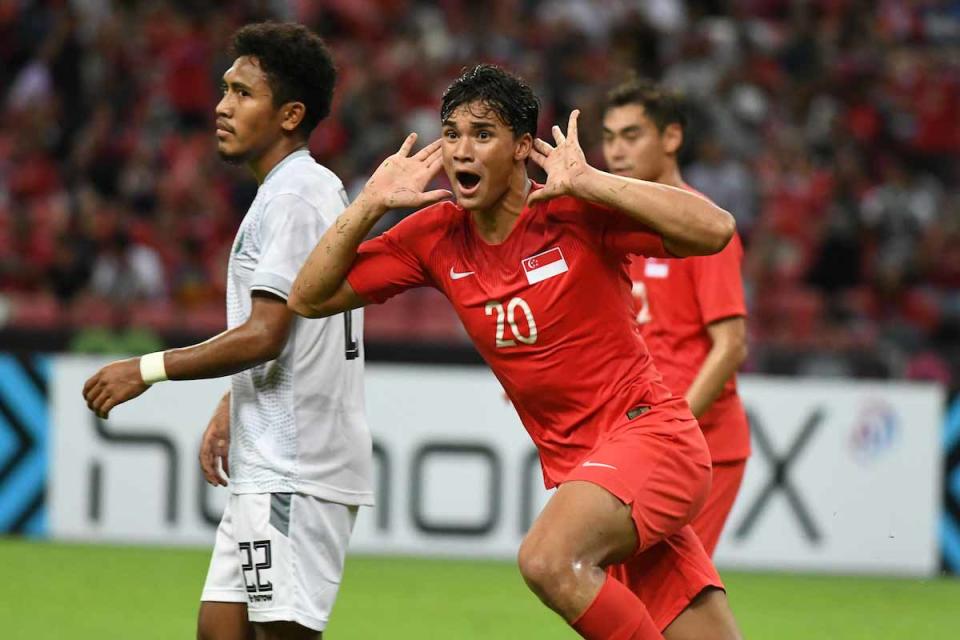 Singapore striker Ikhsan Fandi celebrates after scoring his second goal against Timor Leste in their 6-1 group-stage win at the AFF Suzuki Cup on 21 November, 2018. (PHOTO: AFF Suzuki Cup)