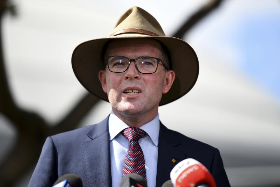 New South Wales Minister for Agriculture Adam Marshall speaks to the media during a visit to the Sydney Royal Easter show in Sydney on April 6, 2021. Marshall, who had not had a dose of vaccine, said he was the only one among four government colleagues who dined together at a Sydney pizza restaurant on June 21, 2021 to become infected. Australia is offering AstraZeneca to all adults in a bid to rapidly ramp up sluggish vaccination rates as more of the country on Tuesday locked down against spreading COVID-19 clusters of the delta variant. (Bianca de Marchi/AAP Image via AP)