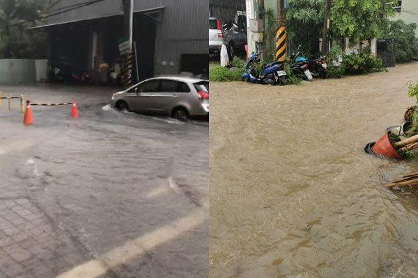 新北市蘆洲區下午因豪雨多處淹水。（翻攝自記者爆料網）