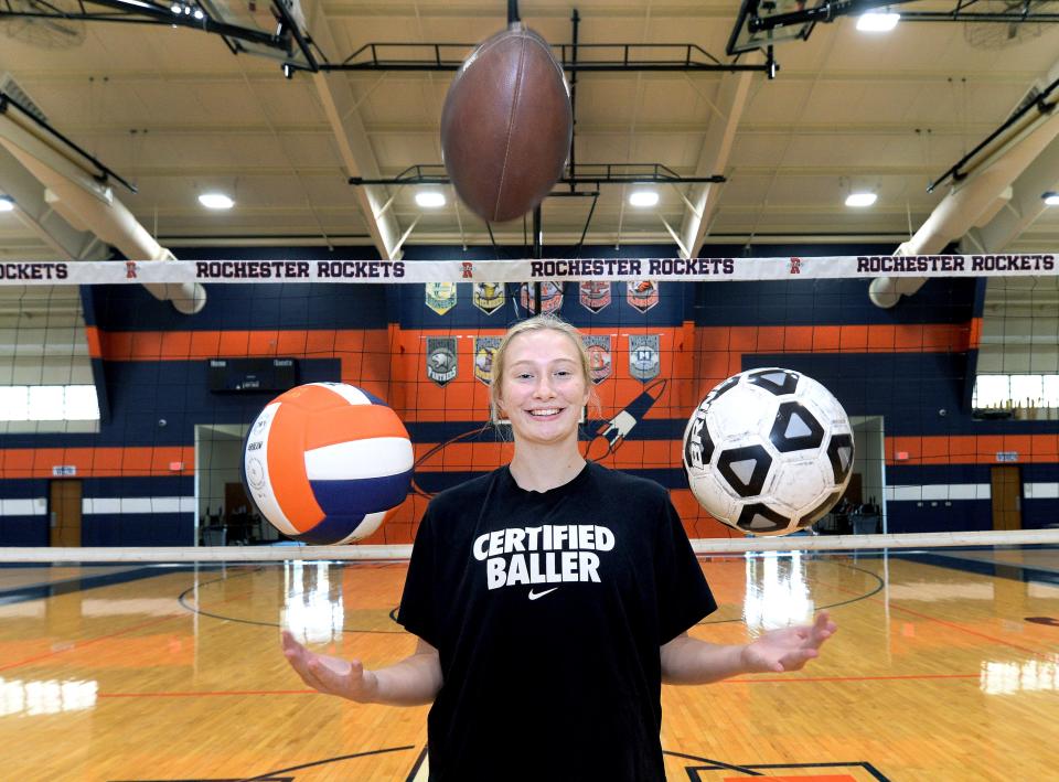 Rochester Senior Zoe cormier, who plays three sports, volleyball, football, and soccer, at her school Friday August 19, 2022.