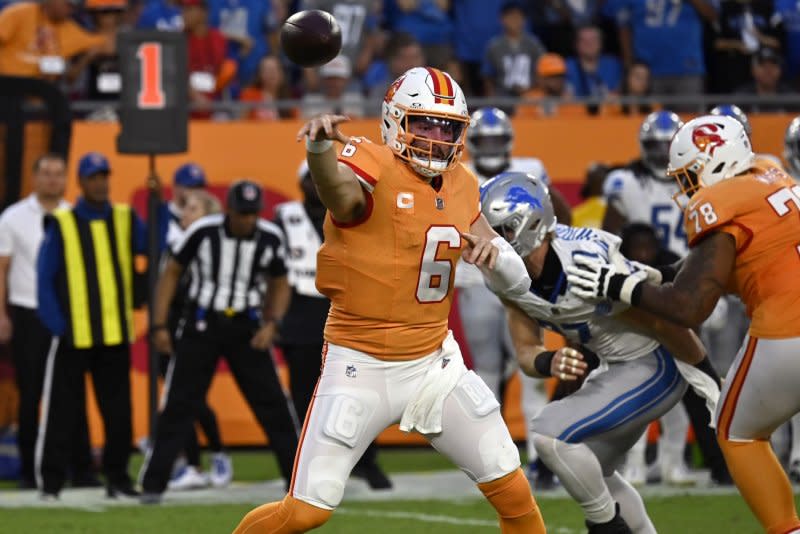 Tampa Bay Buccaneers quarterback Baker Mayfield passes against the Detroit Lions on Sunday at Raymond James Stadium in Tampa, Fla. Photo by Steve Nesius/UPI