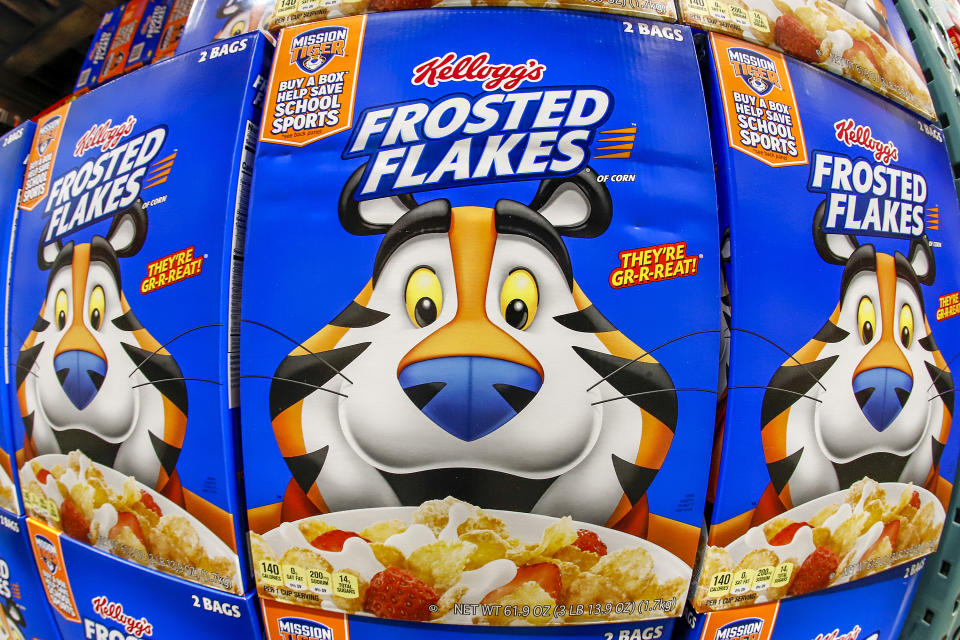 This is a display of Kellogg's Frosted Flakes cereal at a Costco Warehouse in Robinson Township, Pa., on Thursday, May 14, 2020. (AP Photo/Gene J. Puskar)