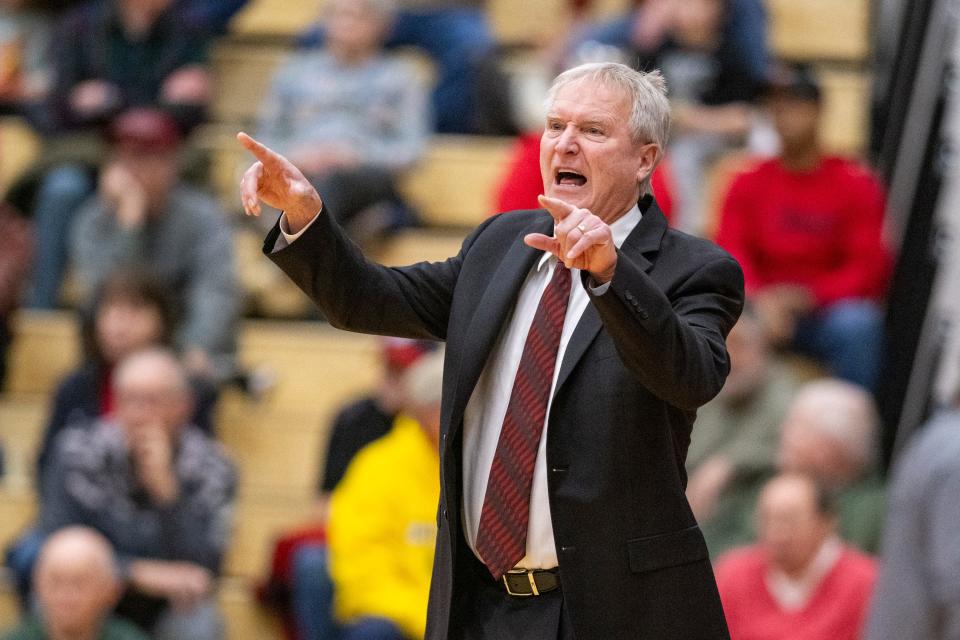 Southport High School head coach Bill Zych gestures during the first half of an IHSAA Class 4A sectional semi-final basketball game against Ben Davis High School, Friday, March 1, 2024, at Southport High School.