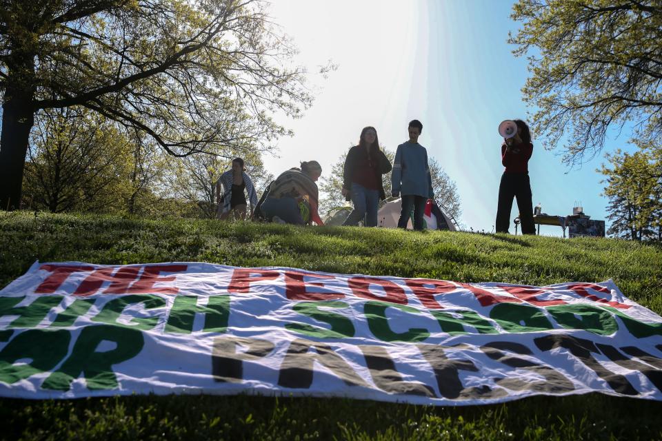 Students chant Friday, May 3, 2024 at the City High school protest over the Israel-Hamas war in Iowa City, Iowa.