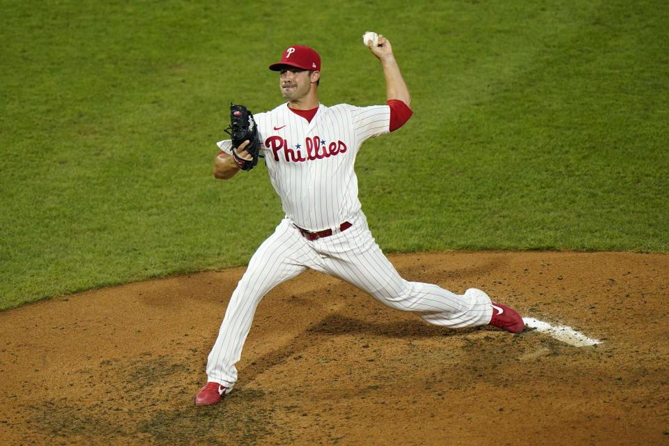 Philadelphia Phillies' Adam Morgan pitches during the sixth inning of a baseball game against the Baltimore Orioles, Tuesday, Aug. 11, 2020, in Philadelphia. (AP Photo/Matt Slocum)