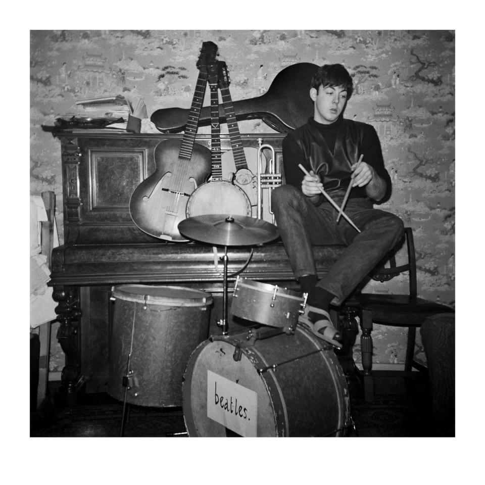 Paul McCartney with a Beatles drum kit - Mike McCartney