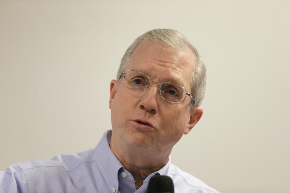 FILE - In a Sept. 21, 2016 file photo, Kevin Marsh, CEO of SCANA Corp., speaks to the media at the V.C. Summer Nuclear Station near Jenkinsville, S.C. The Securities and Exchange Commission sued SCANA Corp., its subsidiary South Carolina Electric & Gas along with the utility's former CEO Kevin Marsh and Executive Vice President Stephen Byrne on Thursday, Feb. 27, 2020. Federal officials say two former executives at a South Carolina utility, former CEO Kevin Marsh and Executive Vice President Stephen Byrne lied repeatedly to regulators and investors about the progress of construction of two nuclear reactors, taking hundreds of millions of dollars out of the pockets of investors and ratepayers. (AP Photo/Chuck Burton, File)