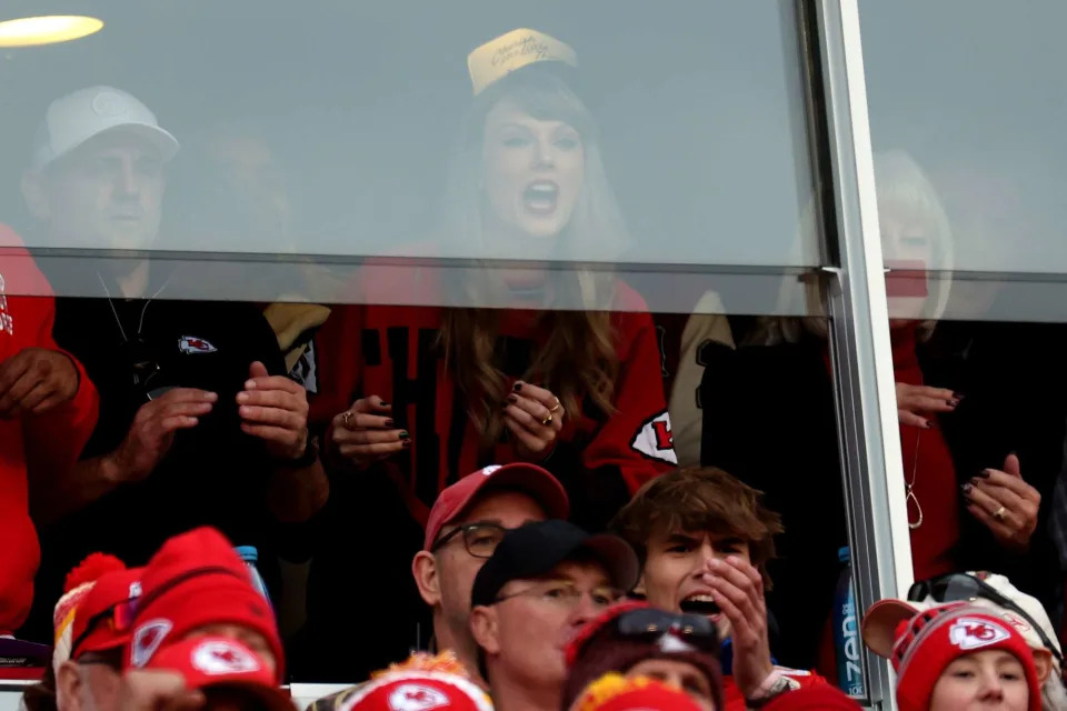 <p>Jamie Squire/Getty</p> Taylor Swift at the Kansas City Chiefs game on Dec. 10