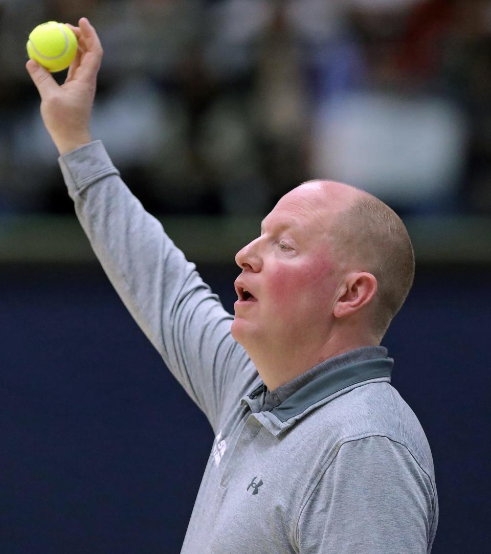 Kent State Golden Flashes head coach Rob Senderoff works the sideline during the second half at Akron, Friday, Feb. 23, 2024.