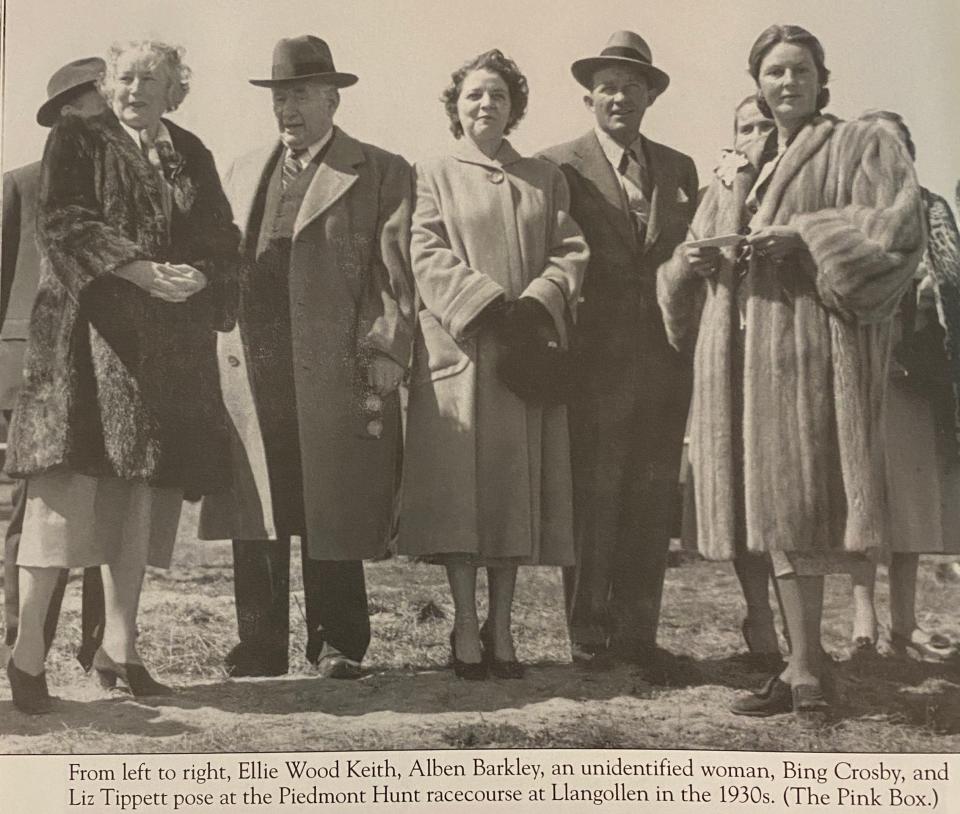 An old image showing famous historical figures at the Llangollen estate in the 1930s, including Alben Barkley and Bing Crosby.