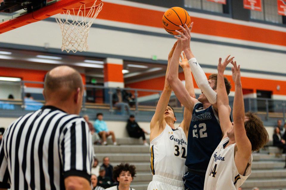 Copper Hills High School plays Crimson Cliffs High School during a boys basketball semifinal game of the Allstate Falcon Classic at Skyridge High School in Lehi on Friday, Dec. 8, 2023. | Megan Nielsen, Deseret News