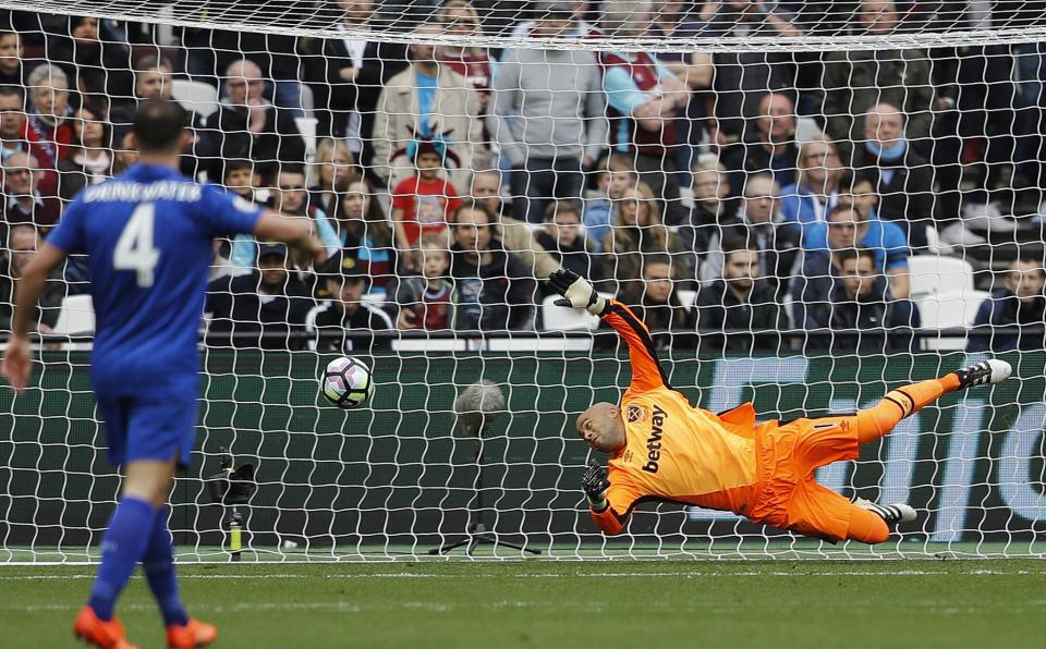 <p>West Ham’s goalkeeper Darren Randolph fails to save a shot by Leicester’s Riyad Mahrez </p>