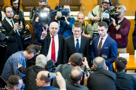 From left to right, NPD leading member Peter Marx, NPD lawyer Peter Richter and NPD chairman Frank Franz arrive at the German Federal Constitutional Court on January 17, 2017 in Karlsruhe, Germany. (Photo: Simon Hofmann/Getty Images)