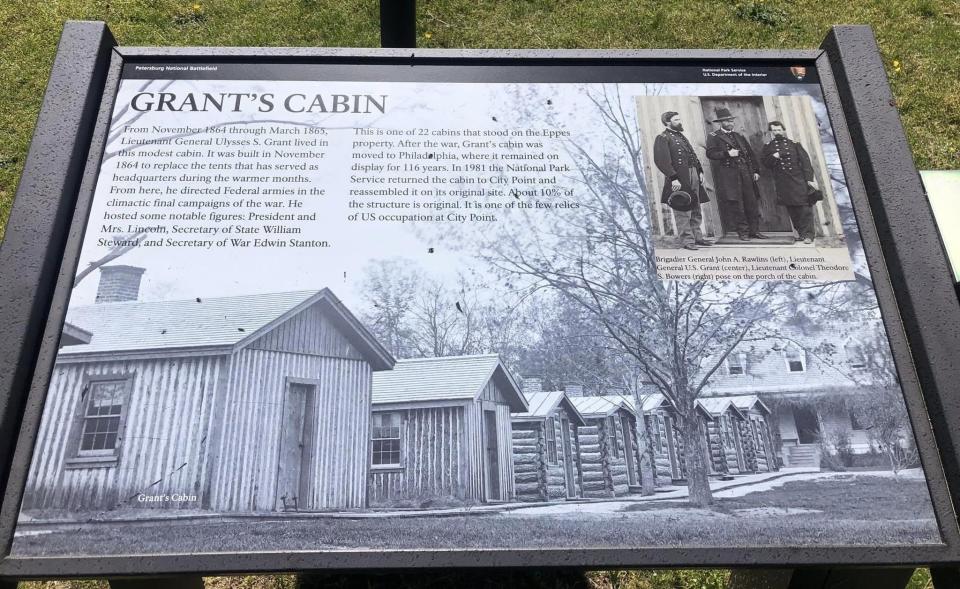 Grant's Cabin historical marker at City Point Unit of the Petersburg National Battlefield in Hopewell, Virginia.
