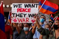 Armenian Youth Federation protest against what they call Azerbaijan's aggression against Armenia and the breakaway Nagorno-Karabakh region outside the Azerbaijani Consulate General in Los Angeles