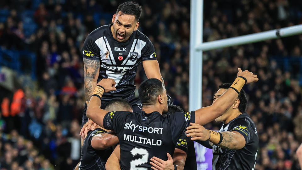 New Zealand celebrate after scoring a try against Australia in the Rugby League World Cup semi-final. Pic: Getty