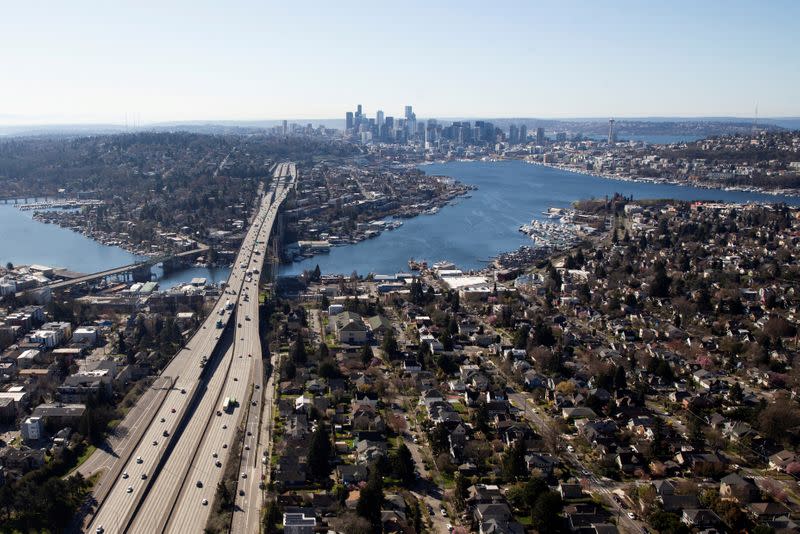 FILE PHOTO: Cars drive on Interstate 5 during the outbreak of coronavirus disease (COVID-19), shown in this aerial photo over Seattle