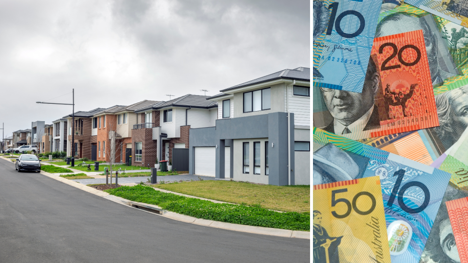 Australian houses on street. Australian money notes. Interest rates rising.