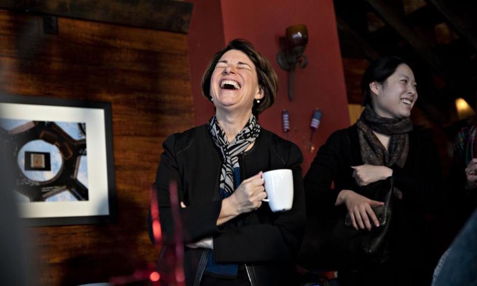 Amy Klobuchar laughs during her introduction at the Marion county Democrats soup luncheon in Knoxville, Iowa, on 17 February 2019.