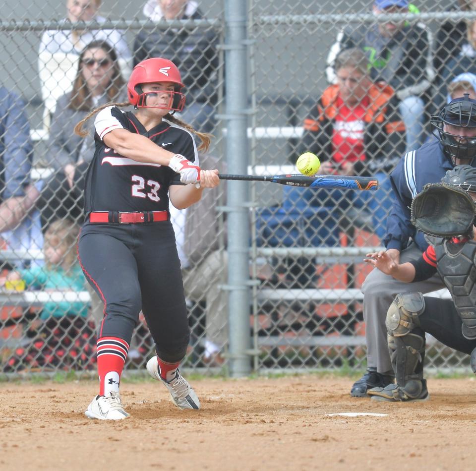 ROCORI's Shelby Prom hits the ball into the outfield as the No. 1 seed Spartans hosts No. 3 seed Alexandria in the Section 8-3A semifinals on Tuesday, May 31, 2022, at ROCORI High School.  