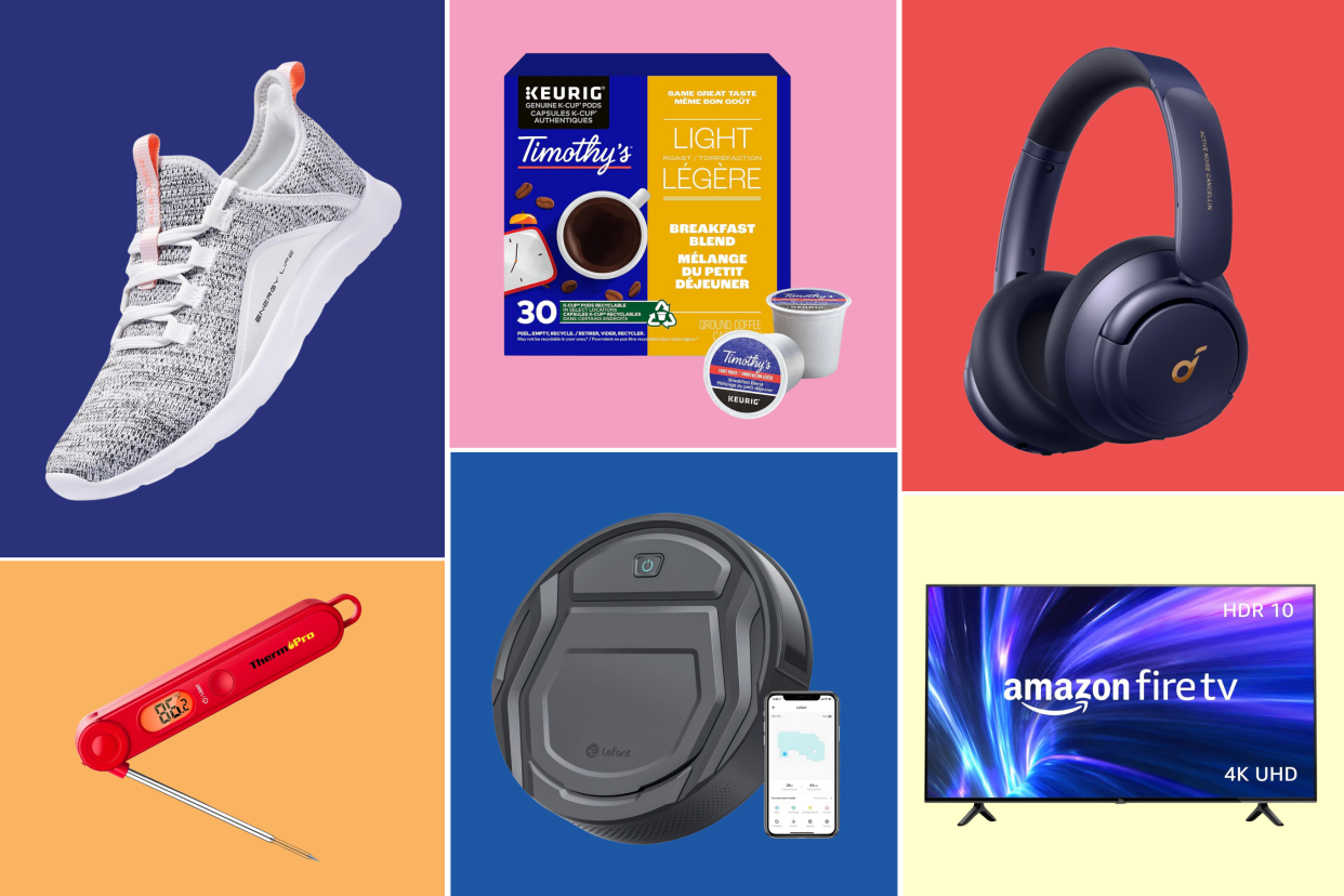 white sneaker, keurig coffee pods, over ear headphones, thermopro meat thermometer, robot vacuum, amazon fire tv, Best Amazon Canada deals to shop right now (Photos via Amazon).
