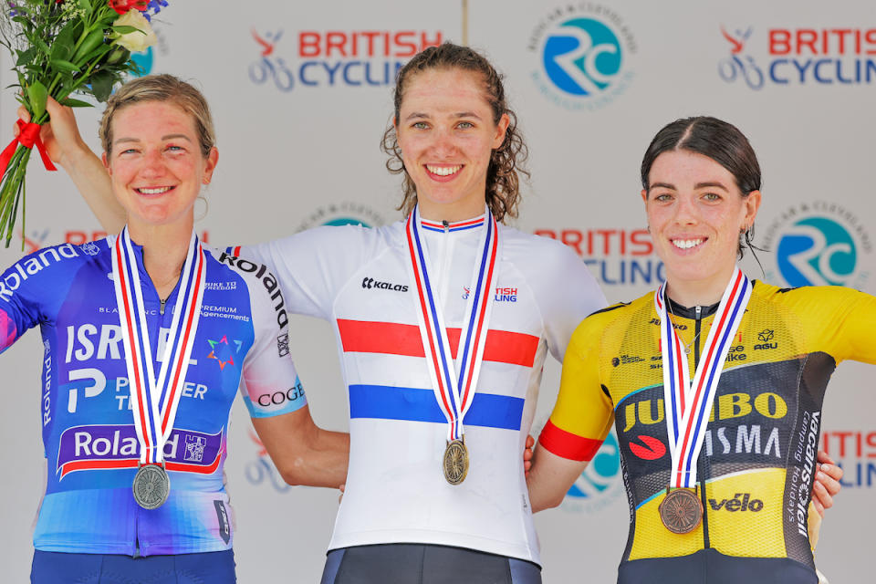 Picture by Alex Whitehead/SWpix.com - 25/06/2023 - Cycling - 2023 British National Road Championships - Saltburn-by-the-Sea, North Yorkshire, England - Womenâ€™s Road Race - Pfeiffer Georgi of Team DSM wins with Claire Steels of Israel Premier Tech Roland in second and Anna Henderson of Team Jumbo-Visma in third on the podium