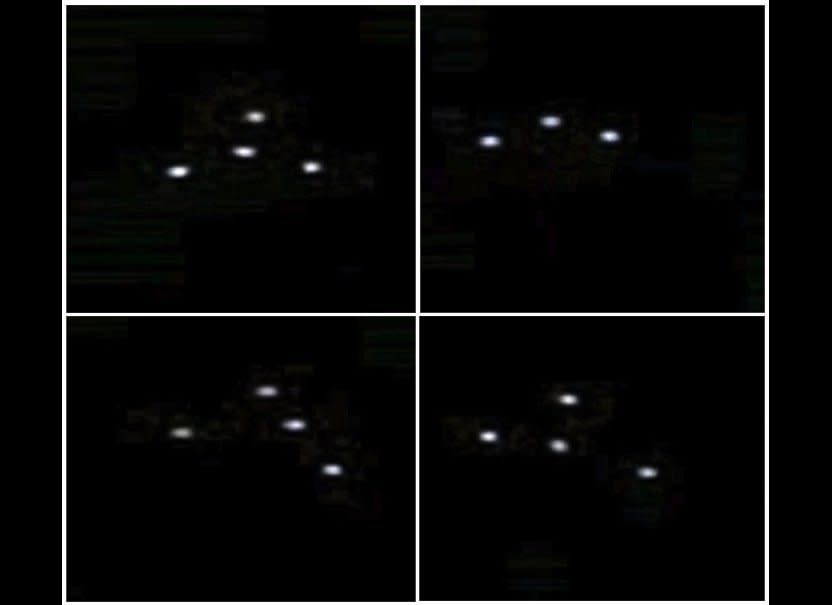 This four-image series of lights in the sky was recorded over Warren, Mich., on Jan. 10, 2013. The lights were seen changing into several patterns. The most logical explanation for these types of UFOs is a series of balloons or lanterns.