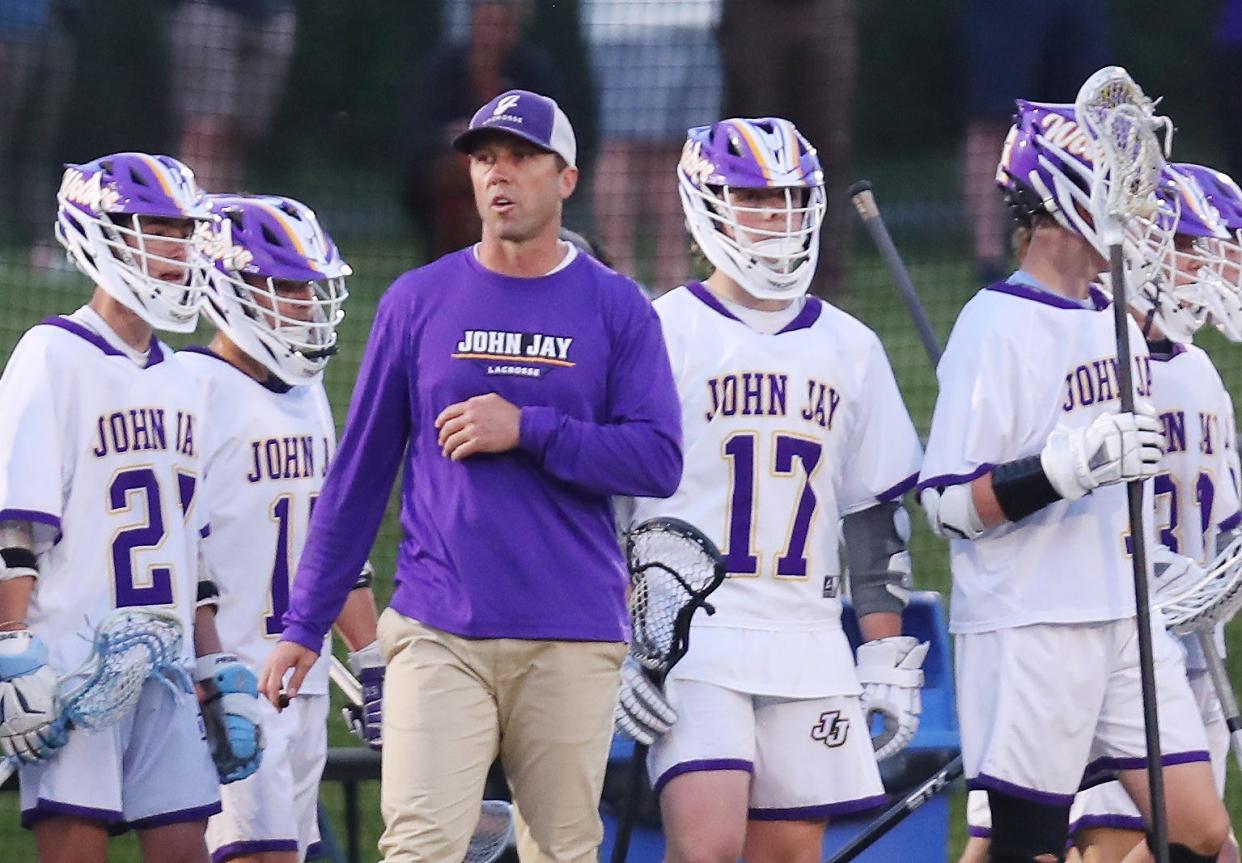 John Jay lacrosse coach Mike Bocklet during game against Somers at John Jay High School in Cross River May 7, 2024.
