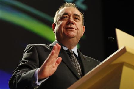 Scotland's First Minister Alex Salmond delivers his speech at the Scottish National Party (SNP) Spring Conference in Aberdeen, Scotland April 12, 2014. REUTERS/Russell Cheyne