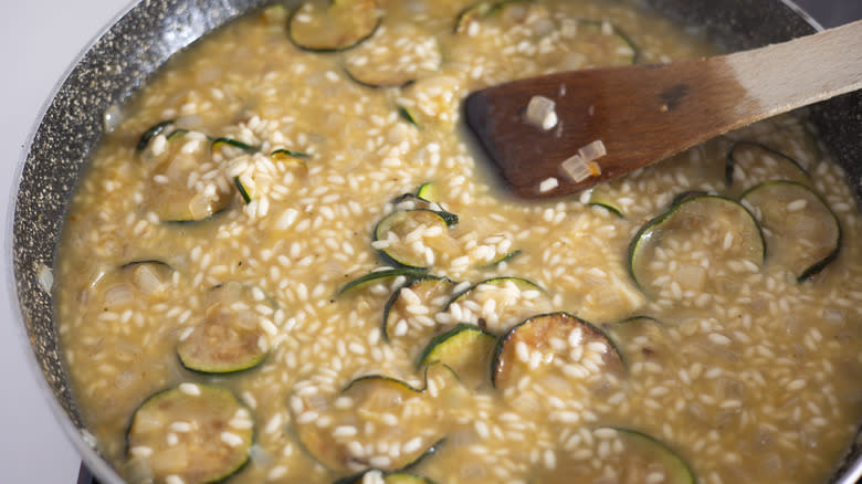 closeup of zucchini risotto in pan