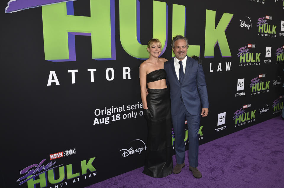 Tatiana Maslany, left, and Mark Ruffalo arrive at the premiere of "She-Hulk: Attorney at Law," on Monday, Aug. 15, 2022, at the El Capitan Theatre in Los Angeles. (Photo by Richard Shotwell/Invision/AP)