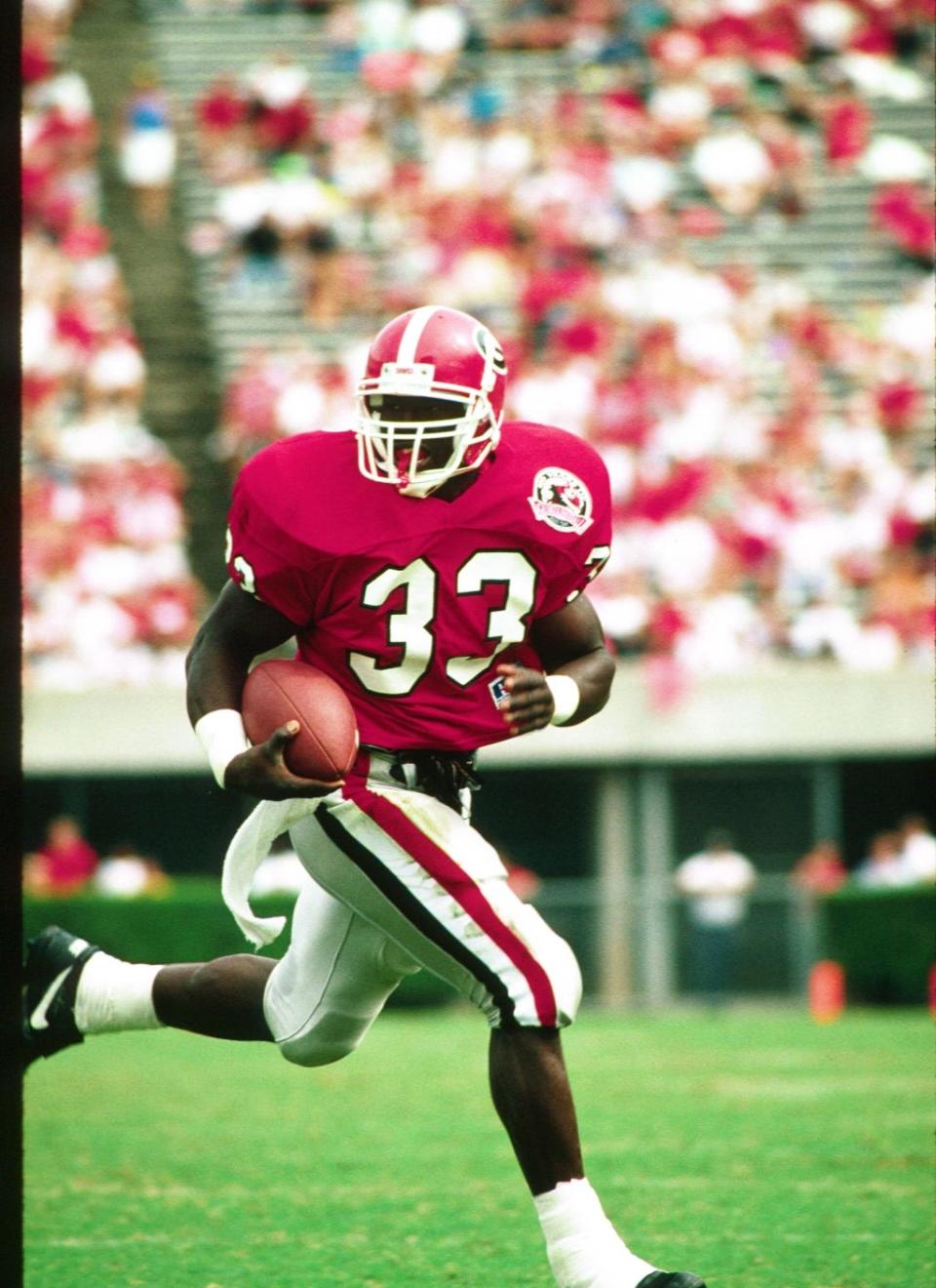 Terrell Davis in action for the Georgia Bulldogs in an undated photo.