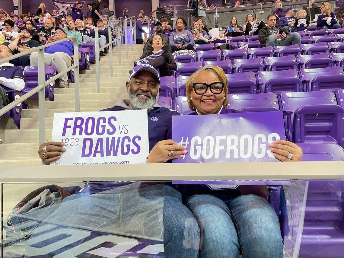 Barbara and Cletis Cabbil Sr., both educators in the Crowley school district, attend TCU’s watch party for the national championship game on Monday, Jan. 9, 2023, in Fort Worth.