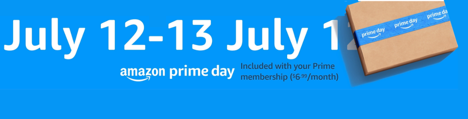 Amazon Prime Day banner in blue with the dates of the sale in white.