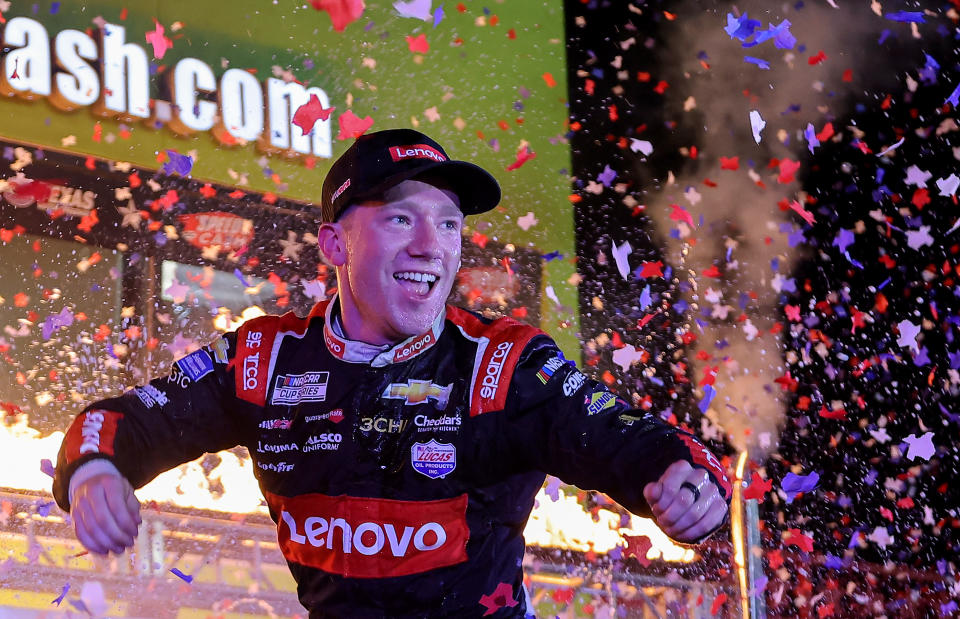 FORT WORTH, TEXAS - SEPTEMBER 25: Tyler Reddick, driver of the #8 Lenovo/ThinkEdge Chevrolet, celebrates in victory lane after winning the NASCAR Cup Series Auto Trader EchoPark Automotive 500 at Texas Motor Speedway on September 25, 2022 in Fort Worth, Texas. (Photo by Jonathan Bachman/Getty Images)