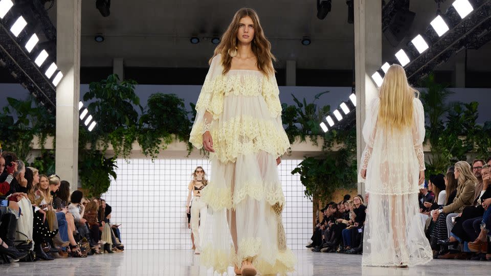 There were floral prints, plays on ‘<em>flou’  (a </em>ruffled or pleated shirt), billowy blouses and laced ballerinas at Chloé. - Peter White/Getty Images