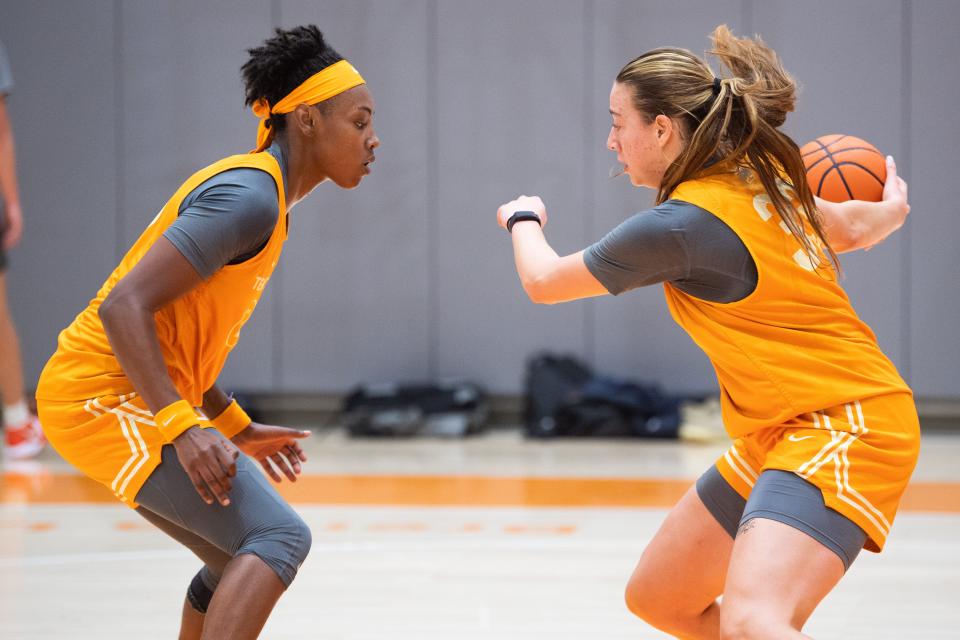 Tennessee guard Jordan Horston (25) and guard/forward Marta Su‡rez (33) during the Lady Vols' first practice at Pratt Pavilion on the University of Tennessee campus in Knoxville on Tuesday, Sept. 27, 2022.