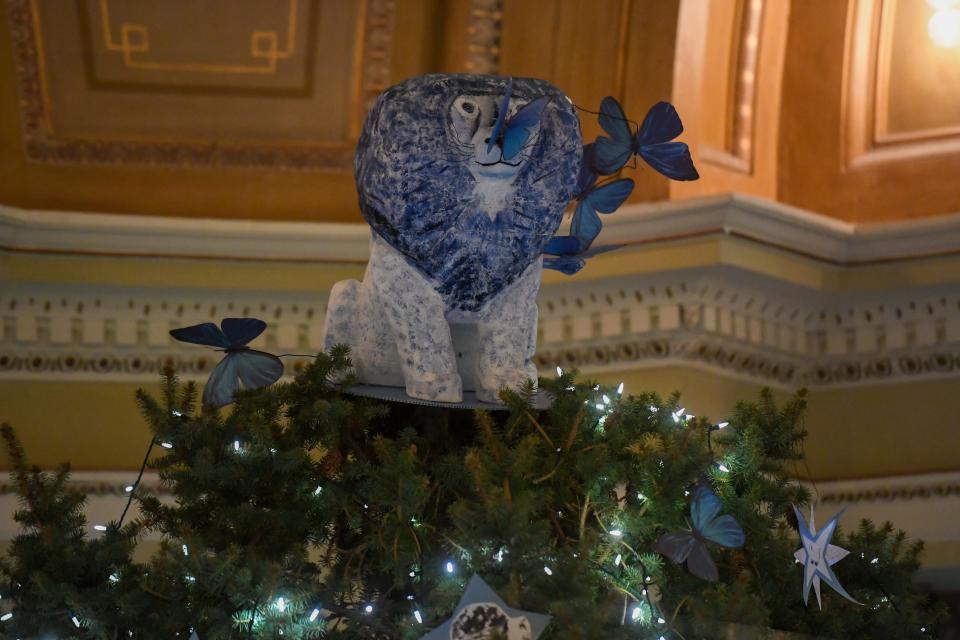 The lion tree topper on the South Dakota Capitol Christmas tree in the rotunda on Tuesday, Dec. 5, 2023 at the South Dakota State Capitol in Pierre.