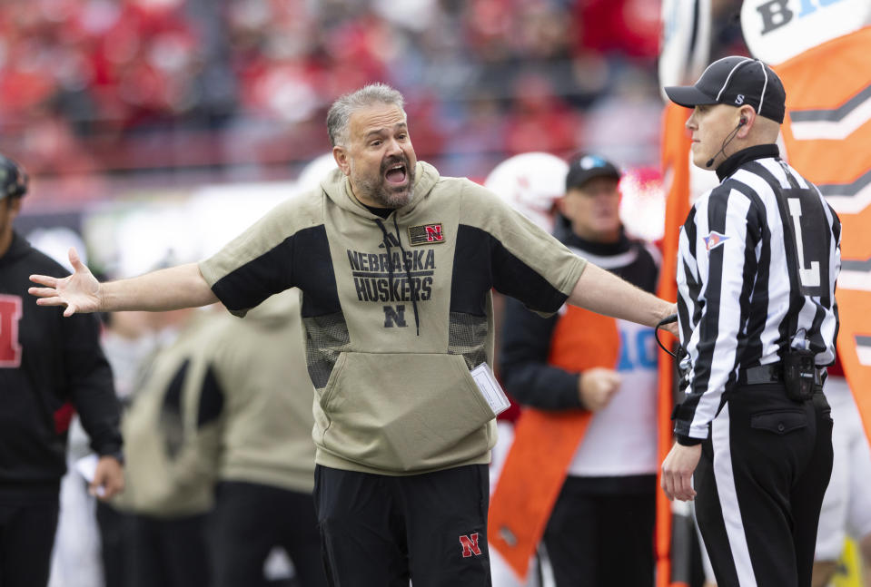 Nebraska head coach Matt Rhule yells at an official arguing for pass interference following a Maryland interception during the first half of an NCAA college football game Saturday, Nov. 11, 2023, in Lincoln, Neb. (AP Photo/Rebecca S. Gratz)