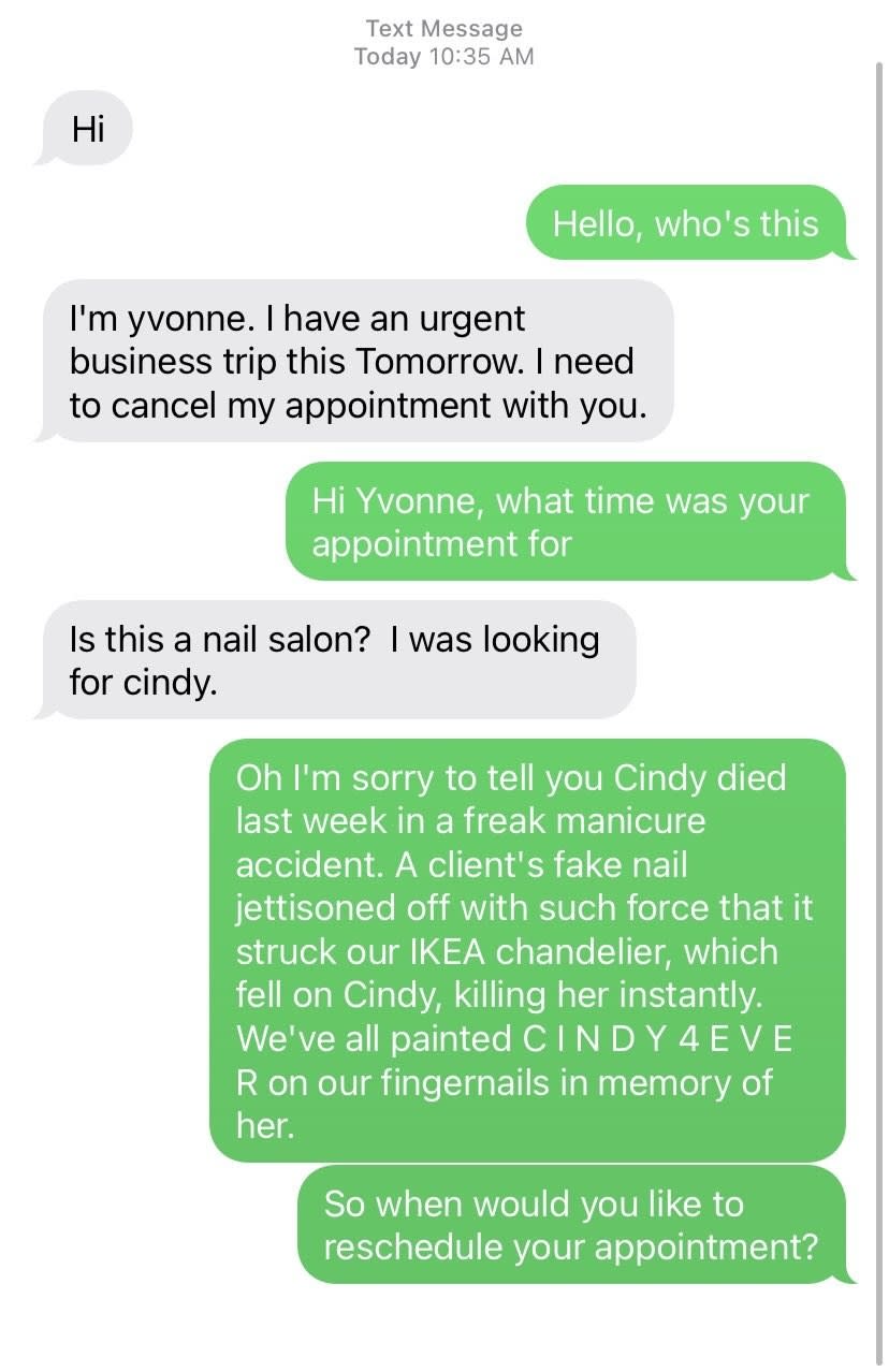 Scammer who asks about a person named Cindy, and a person makes up a story about Cindy getting killed in a freak nail accident