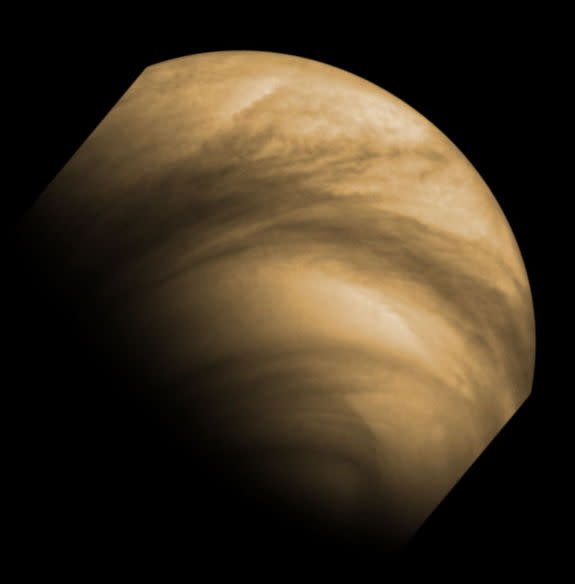 This false-color image of cloud features seen on Venus by the Venus Monitoring Camera (VMC) on the European Space Agency's Venus Express. The image was captured from a distance of 30 000 km on 8 December 2011. Venus Express has been in orbit ar